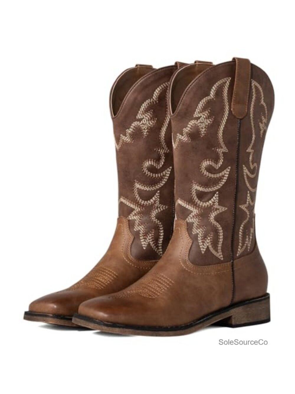 Square Toe Embroidered Western Cowgirl Boots Faux Leather Mid Calf